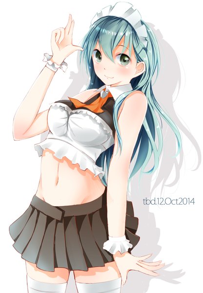 Anime-Bild 1388x2000 mit kantai collection suzuya heavy cruiser tebi (tbd11) single long hair tall image looking at viewer blush simple background smile white background bare shoulders green eyes signed blue hair pleated skirt bare belly shadow girl thighhighs