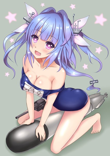 Anime picture 954x1350 with kantai collection i-19 submarine terakoya single long hair tall image looking at viewer blush breasts open mouth light erotic large breasts sitting purple eyes twintails bare shoulders blue hair cleavage ass teeth