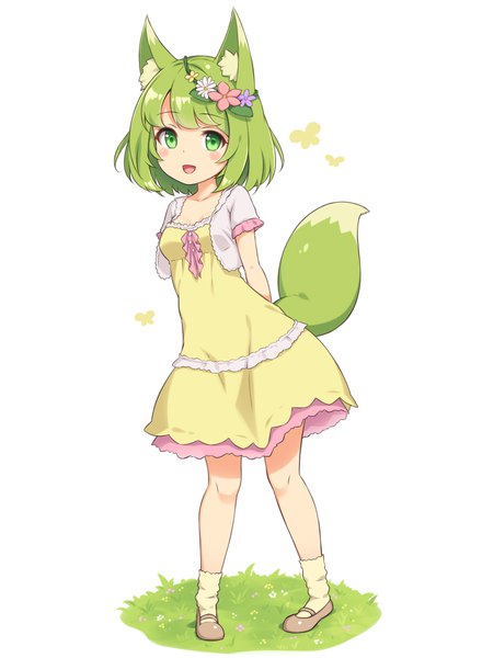 Anime picture 770x1050 with original sasaame single tall image looking at viewer blush fringe short hair open mouth simple background smile standing white background green eyes animal ears full body tail :d animal tail green hair