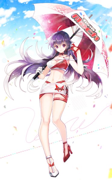 Anime picture 827x1334 with original rednian single long hair tall image looking at viewer fringe breasts purple eyes bare shoulders holding sky purple hair cloud (clouds) ahoge sunlight bare belly high heels standing on one leg sunbeam