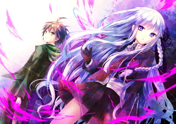 Anime picture 1000x707 with dangan ronpa kirigiri kyouko naegi makoto riichu long hair looking at viewer blush short hair brown hair purple eyes green eyes ahoge braid (braids) looking back purple background girl boy skirt gloves uniform