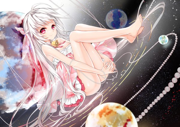 Anime picture 1500x1060 with original juna single looking at viewer fringe breasts light erotic smile red eyes sitting silver hair very long hair barefoot legs no panties solar system girl dress bell galaxy
