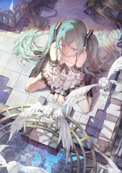 Anime picture 761x1080 with vocaloid hatsune miku zxq single tall image fringe sitting twintails bare shoulders very long hair aqua eyes from above aqua hair shadow wariza reflection sad girl detached sleeves wings