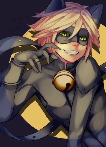 Anime picture 2480x3425 with miraculous ladybug adrien agreste chat noir itaslipy single tall image looking at viewer blush fringe highres short hair blonde hair simple background smile hair between eyes green eyes animal ears upper body tail fingernails
