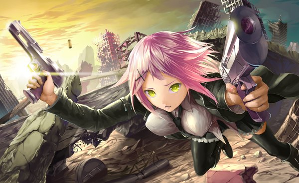 Anime picture 1754x1074 with original solru (tyappygain) looking at viewer highres short hair breasts wide image green eyes pink hair jumping ruins post-apocalyptic thighhighs skirt hair ornament weapon miniskirt boots gun x hair ornament