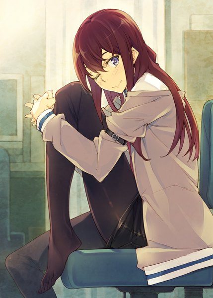 Anime picture 715x1000 with steins;gate white fox makise kurisu inato serere single long hair tall image looking at viewer blush blue eyes smile brown hair one eye closed wink no shoes legs girl pantyhose jacket black pantyhose