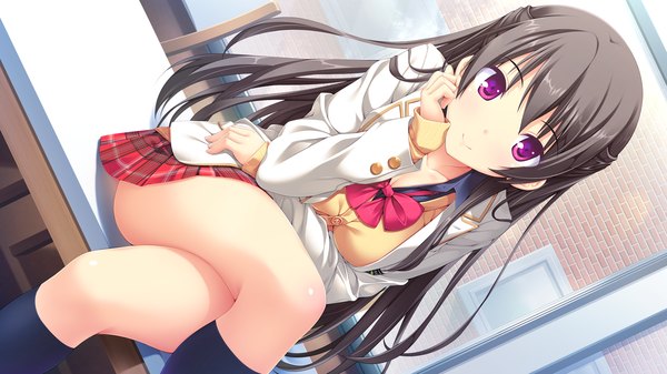 Anime picture 1920x1080 with melty moment ichijou aoi single long hair looking at viewer blush highres light erotic black hair smile wide image sitting purple eyes game cg crossed legs girl uniform school uniform socks black socks