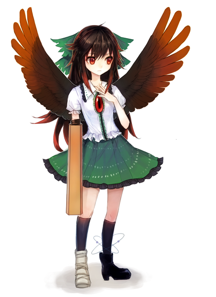 Anime picture 1024x1404 with touhou reiuji utsuho keemoringo single long hair tall image fringe black hair simple background red eyes white background looking away puffy sleeves hand on chest arm cannon girl bow weapon hair bow wings