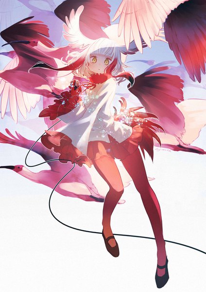 Anime picture 1200x1697 with kemono friends crested ibis (kemono friends) ajimita tall image looking at viewer short hair signed yellow eyes payot full body white hair red hair pleated skirt multicolored hair wide sleeves two-tone hair :o revision weightlessness girl