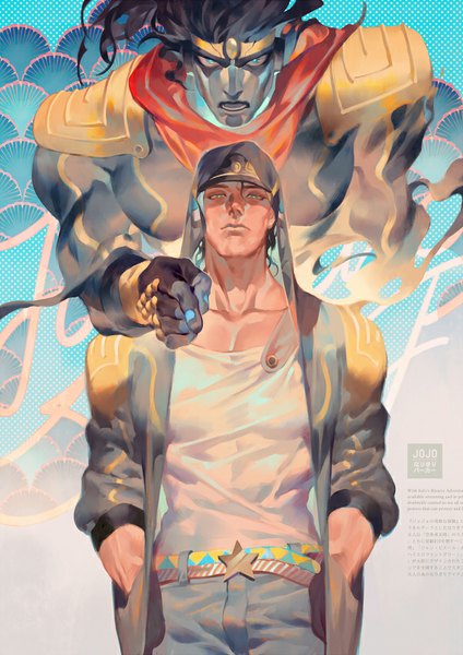 Anime picture 600x848 with jojo no kimyou na bouken kujo jotaro star platinum coralstone long hair tall image looking at viewer short hair open mouth black hair green eyes nail polish multiple boys copyright name text outstretched arm dark skin hands in pockets pointing grey skin