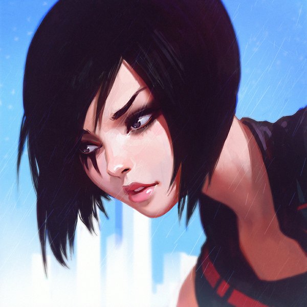 Anime picture 900x900 with mirror's edge faith connors ilya kuvshinov single short hair black hair looking away sky outdoors parted lips lips black eyes blurry realistic tattoo leaning leaning forward facial mark portrait bob cut