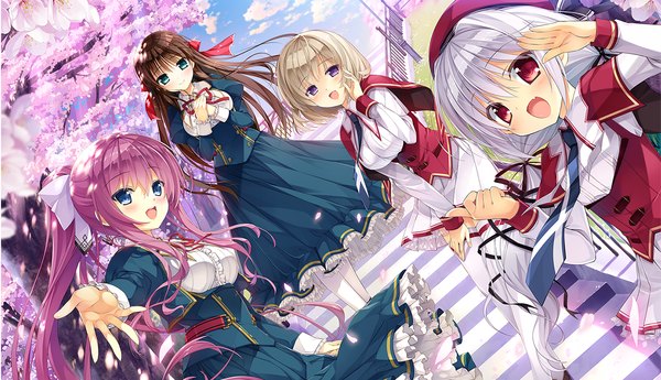 Anime picture 1320x760 with primal x hearts kuragano sera komagata yuzuki tenjindaira haruhi kanna kana long hair blush short hair open mouth blue eyes black hair red eyes wide image purple eyes multiple girls game cg purple hair white hair ponytail cherry blossoms