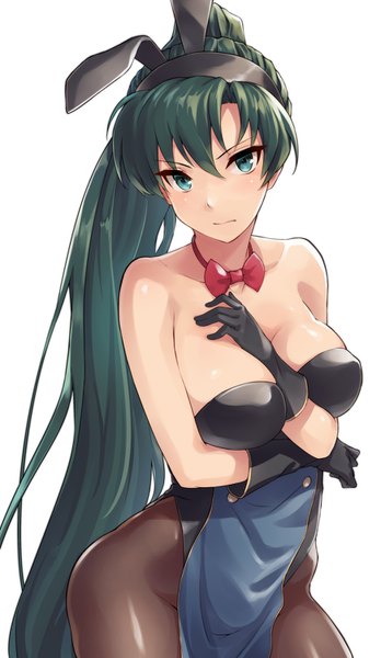 Anime picture 872x1501 with fire emblem fire emblem: the blazing blade nintendo lyndis (fire emblem) shinon (tokage shuryou) single tall image looking at viewer blush fringe breasts light erotic simple background hair between eyes large breasts white background bare shoulders green eyes animal ears cleavage