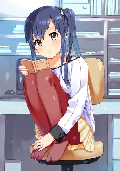 Anime picture 701x1000 with shirobako p.a. works imai midori yamamoto shima single long hair tall image blush fringe sitting blue hair bent knee (knees) indoors parted lips pleated skirt pink eyes :o no shoes side ponytail reading