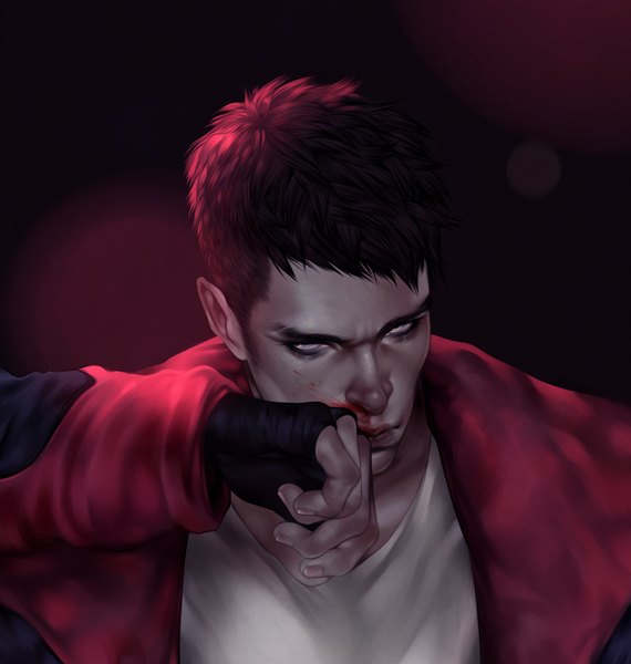 Anime picture 963x1013 with devil may cry dante (devil may cry) skopt (artist) single tall image looking at viewer short hair black hair simple background grey eyes nosebleed boy gloves fingerless gloves blood