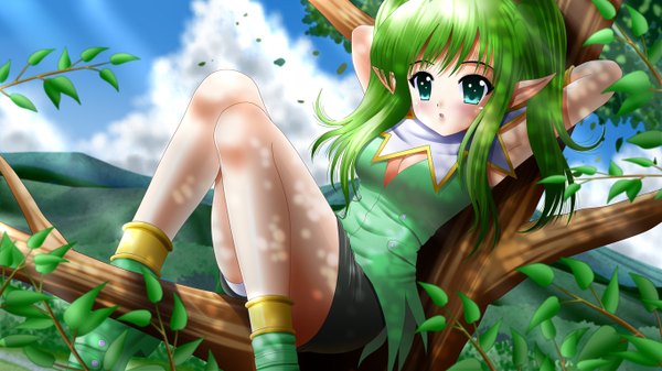 Anime picture 1366x768 with original ilolamai single long hair wide image green eyes green hair pointy ears girl plant (plants) tree (trees)