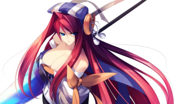 Anime picture 2500x1500 with sengoku hime yuuki harutomo (sengoku hime) dragonmaterial long hair highres breasts blue eyes light erotic simple background wide image white background red hair huge breasts girl