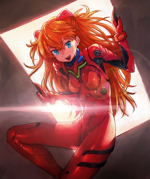 Anime picture 841x1000 with neon genesis evangelion gainax soryu asuka langley boyaking(sbf) single long hair tall image looking at viewer open mouth blue eyes sitting sunlight orange hair girl pilot suit
