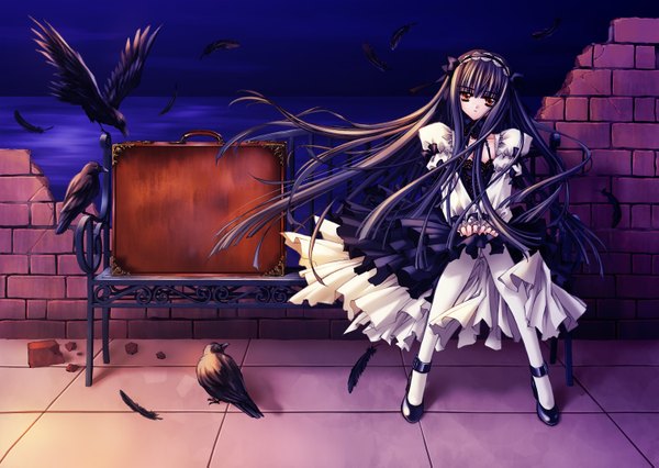 Anime picture 3022x2150 with original carnelian single looking at viewer fringe highres sitting sky cleavage full body wind night orange eyes puffy sleeves light lolita fashion hands clasped hand on knee goth-loli brick wall