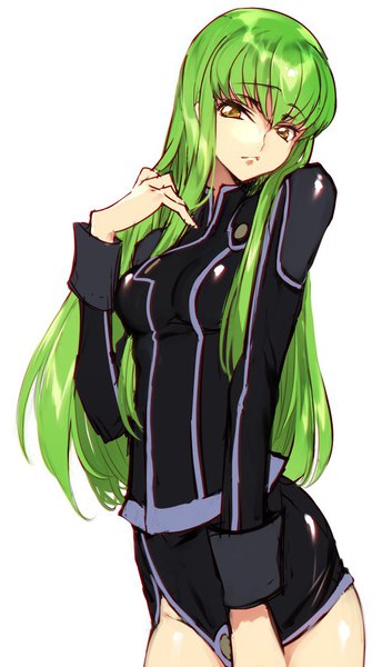 Anime picture 600x1045 with code geass sunrise (studio) c.c. creayus single long hair tall image looking at viewer fringe light erotic simple background standing white background yellow eyes long sleeves green hair girl