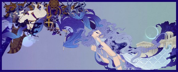 Anime picture 1400x571 with original helen trojan horse menelaus aya kato long hair wide image blue hair sky purple hair eyes closed profile tears eyeshadow crescent army eclipse girl boy sword