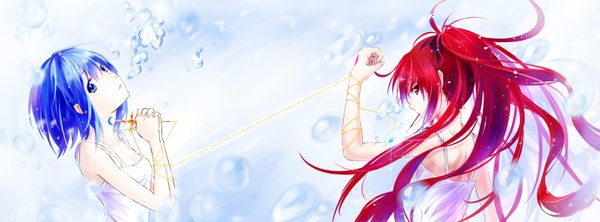 Anime picture 3239x1200 with mahou shoujo madoka magica shaft (studio) sakura kyouko miki sayaka azmodan long hair highres short hair blue eyes red eyes wide image multiple girls blue hair red hair looking back girl 2 girls sweets bubble (bubbles) pocky