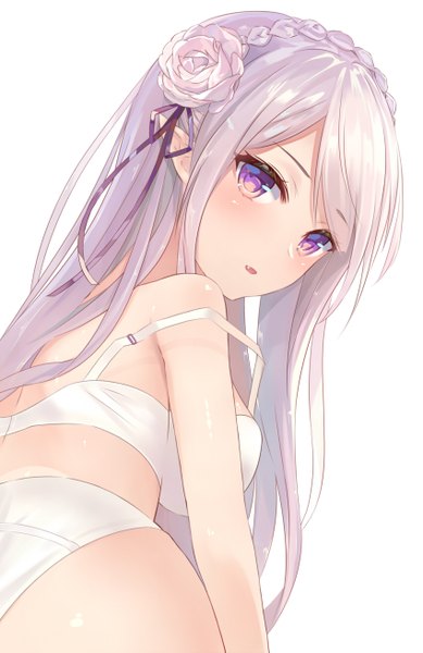 Anime picture 850x1309 with re:zero kara hajimeru isekai seikatsu white fox emilia (re:zero) aimee (origin) single long hair tall image looking at viewer blush open mouth light erotic white background purple eyes silver hair hair flower pointy ears girl underwear panties flower (flowers)