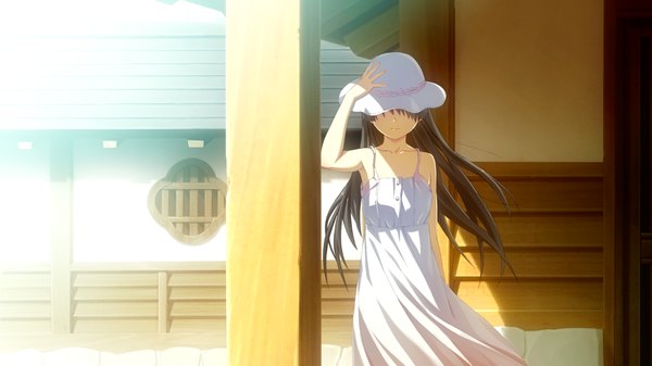 Anime picture 1024x576 with suigetsu 2 long hair black hair wide image game cg girl hat sundress