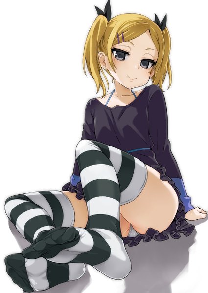 Anime picture 900x1271 with shirobako p.a. works yano erika asanagi single tall image looking at viewer blush short hair light erotic simple background blonde hair white background sitting twintails mole grey eyes pantyshot no shoes legs