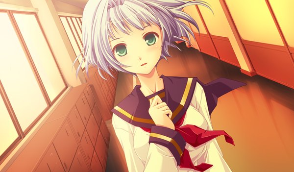 Anime picture 1024x600 with akikaze personal (game) short hair wide image green eyes game cg white hair girl serafuku
