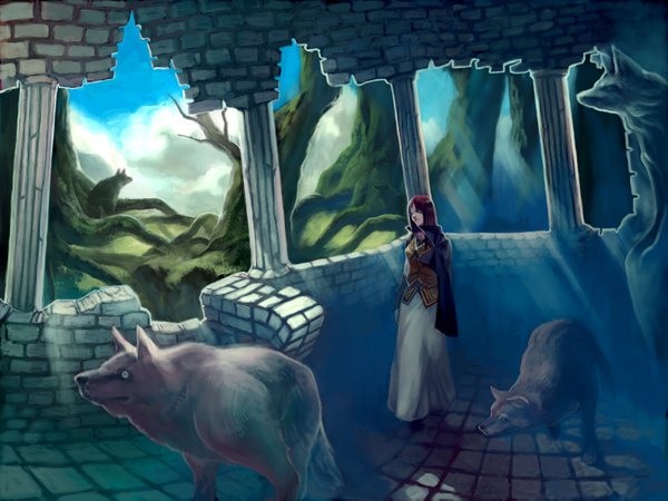 Anime picture 1500x1125 with lack blue eyes smile sky cloud (clouds) red hair landscape ruins plant (plants) tree (trees) building (buildings) statue wolf
