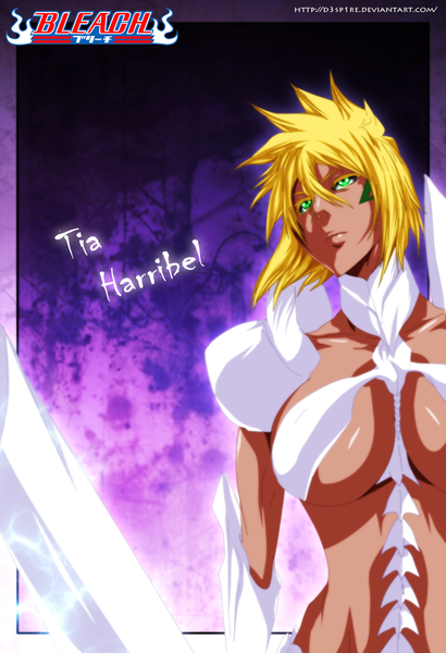 Anime picture 1001x1464 with bleach studio pierrot tia harribel schwarrtz single tall image short hair breasts light erotic blonde hair large breasts green eyes inscription tattoo coloring facial mark espada girl weapon huge weapon