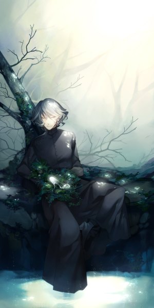 Anime picture 600x1200 with original kyoka hatori tall image short hair sitting bent knee (knees) eyes closed light smile grey hair sunlight high heels sleeping river transparent lake plant (plants) tree (trees) water shoes transparent clothing