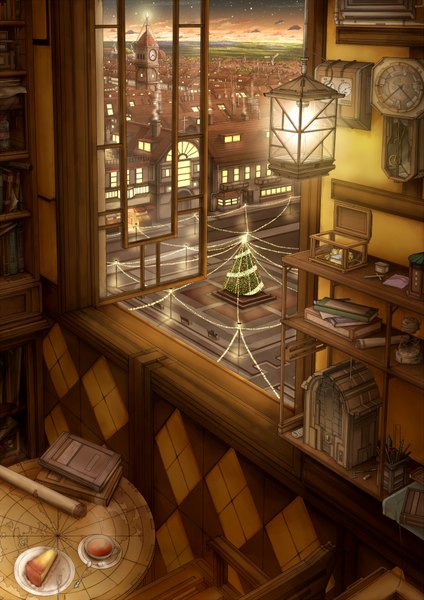 Anime picture 1413x2000 with original pei (sumurai) tall image city christmas steam city lights street lightning electricity food window sweets book (books) clock cup teacup spoon christmas tree tea