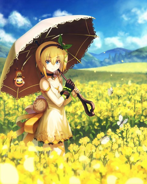 Anime picture 1200x1500 with tales of (series) tales of zestiria edna (tales) normin (tales) kaina (tsubasakuronikuru) single tall image looking at viewer blush fringe short hair blonde hair smile hair between eyes standing bare shoulders holding payot sky cloud (clouds)