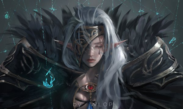 Anime picture 1783x1063 with dungeon and fighter hilder (dungeon and fighter) wlop single long hair highres breasts wide image large breasts signed cleavage silver hair one eye closed lips pointy ears tattoo facial mark falling weapon sword