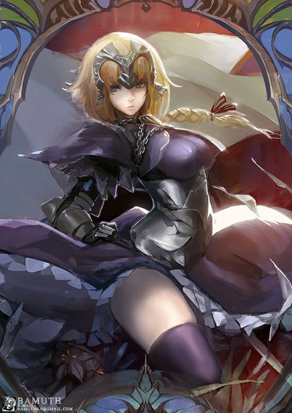 Anime picture 567x800 with fate (series) fate/apocrypha type-moon jeanne d'arc (fate) (all) jeanne d'arc (fate) bamuth single long hair tall image fringe breasts blonde hair purple eyes looking away braid (braids) parted lips wind zettai ryouiki single braid watermark