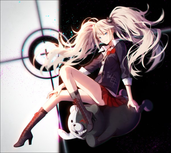 Anime picture 1200x1076 with dangan ronpa enoshima junko monokuma hakusai (tiahszld) long hair looking at viewer fringe blue eyes blonde hair smile sitting twintails payot full body pleated skirt hand on hip lacing spoilers girl skirt
