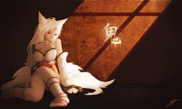 Anime picture 3000x1800 with elsword ara haan asura (elsword) onemanmilitia zhaoyuan pan (th3pr0phecy) single highres breasts light erotic red eyes wide image sitting signed animal ears looking away cleavage full body ahoge bent knee (knees) white hair