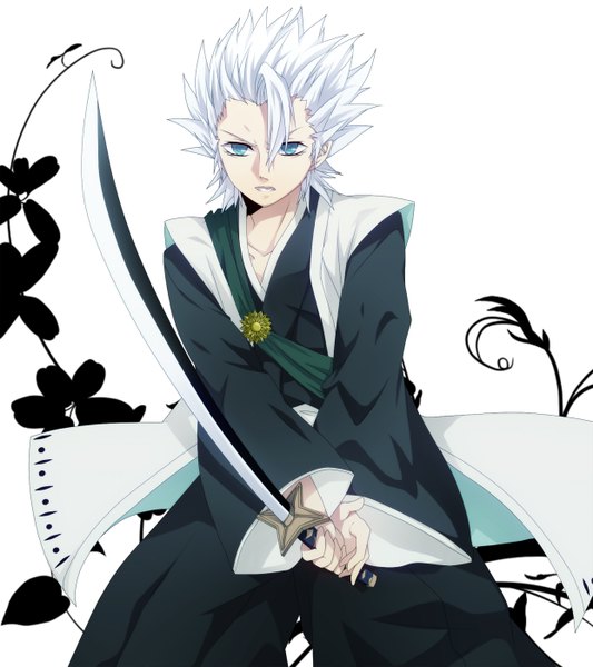 Anime picture 1244x1400 with bleach studio pierrot hitsugaya toushirou d!o (junxxxdio) single tall image short hair simple background white background white hair japanese clothes aqua eyes boy weapon sword katana