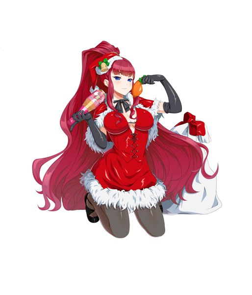 Anime picture 1000x1167 with valkyrie drive arms corporation anelise gerhardt cle masahiro single tall image blue eyes light erotic simple background white background ponytail red hair very long hair girl dress gloves hat black gloves elbow gloves santa claus hat