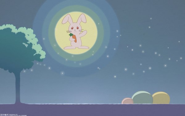 Anime picture 2560x1600 with clannad key (studio) highres wide image signed night copyright name no people third-party edit screenshot plant (plants) tree (trees) moon full moon vegetables bunny carrot dango daikazoku