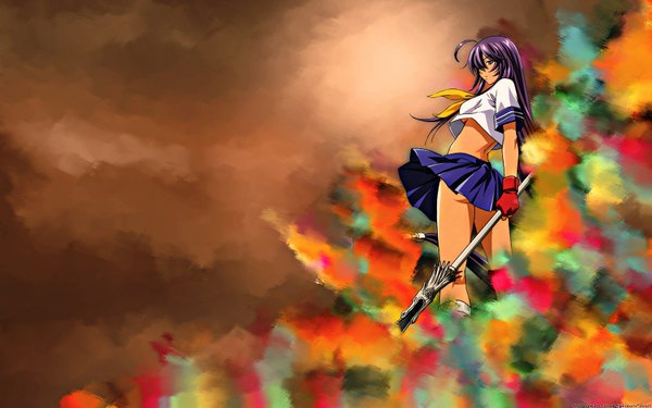 Anime picture 1680x1050 with ikkitousen kanu unchou single long hair blue eyes light erotic wide image purple hair from behind girl skirt gloves weapon miniskirt serafuku naginata