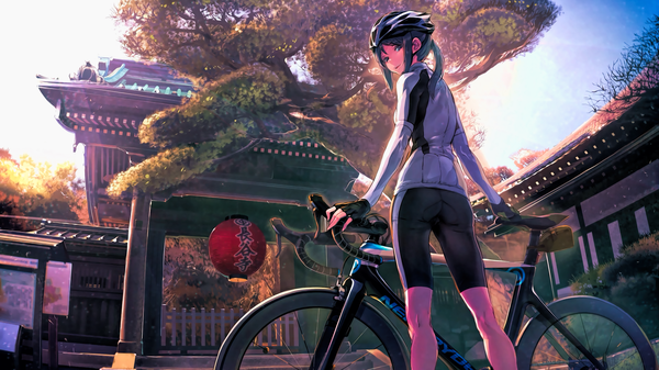 イラスト 2560x1440 と 南鎌倉高校女子自転車部 mori shiki アフ黒 ソロ 長髪 カメラ目線 highres 開いた口 light erotic 黒髪 wide image 立つ holding payot 空 尻 outdoors parted lips looking back light smile