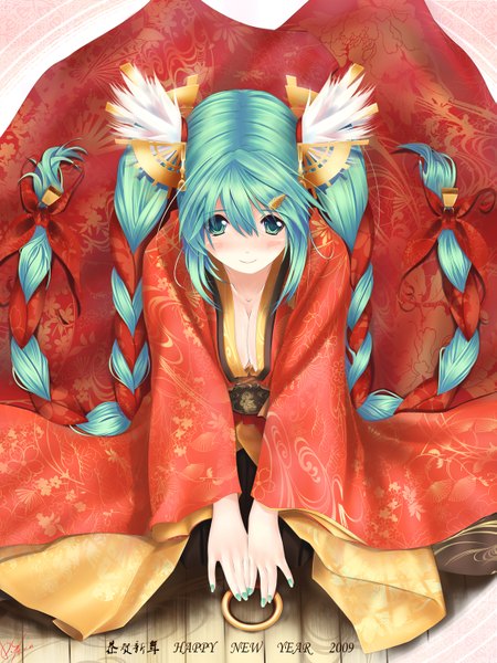 Anime picture 1125x1500 with vocaloid hatsune miku dopollsogno single tall image blush twintails signed very long hair traditional clothes japanese clothes aqua eyes aqua hair girl