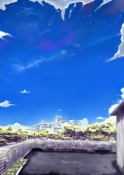 Anime picture 1240x1753 with original ryouma (galley) tall image sky cloud (clouds) city landscape plant (plants) tree (trees) house