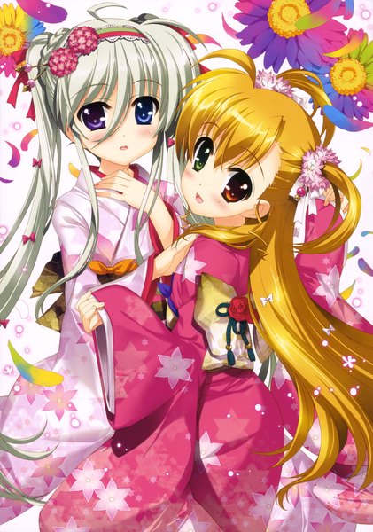 Anime picture 2875x4098 with mahou shoujo lyrical nanoha takamachi vivio einhart stratos fujima takuya long hair tall image blush highres open mouth blonde hair twintails multiple girls white hair traditional clothes japanese clothes scan loli heterochromia girl hair ornament
