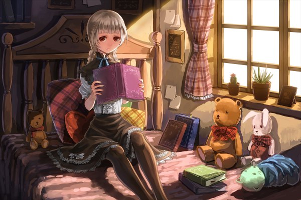 Anime picture 1200x800 with original paseri red eyes silver hair braid (braids) twin braids girl plant (plants) pantyhose window pillow book (books) bed toy stuffed animal teddy bear