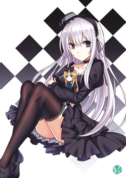 Anime picture 849x1200 with original koissa single long hair tall image looking at viewer light erotic white background sitting signed looking away silver hair bent knee (knees) long sleeves black eyes high heels puffy sleeves watermark lolita fashion checkered