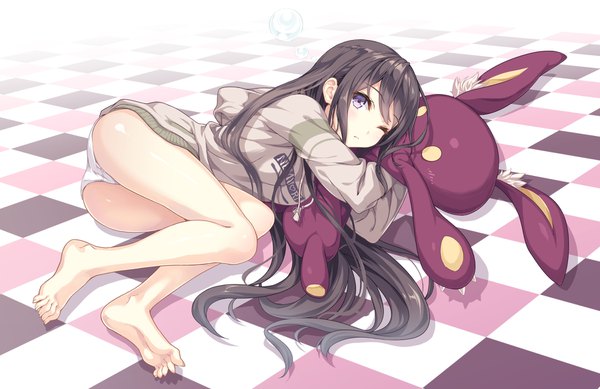 Anime picture 1800x1168 with original hinoki yuu single long hair looking at viewer blush fringe highres light erotic black hair hair between eyes purple eyes full body lying one eye closed barefoot shadow hug on side checkered floor